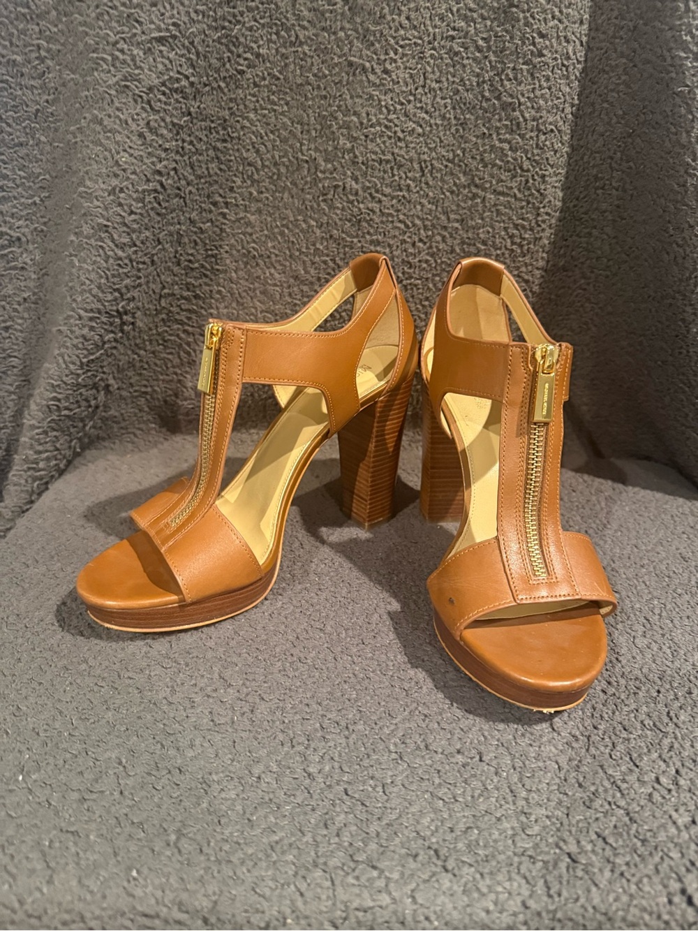 Michael Kors Cognac Leather Zip-Front Block Heel Sandals